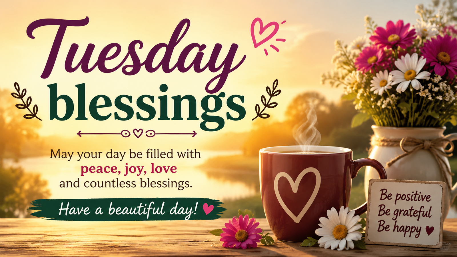 Beautiful Tuesday blessings image with a warm sunrise, coffee cup, flowers, and inspirational message wishing peace, joy, love, gratitude, and a beautiful day.
